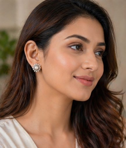 Silver Pearl Flower Stud Earrings