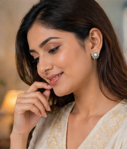 Silver Pearl Flower Stud Earrings